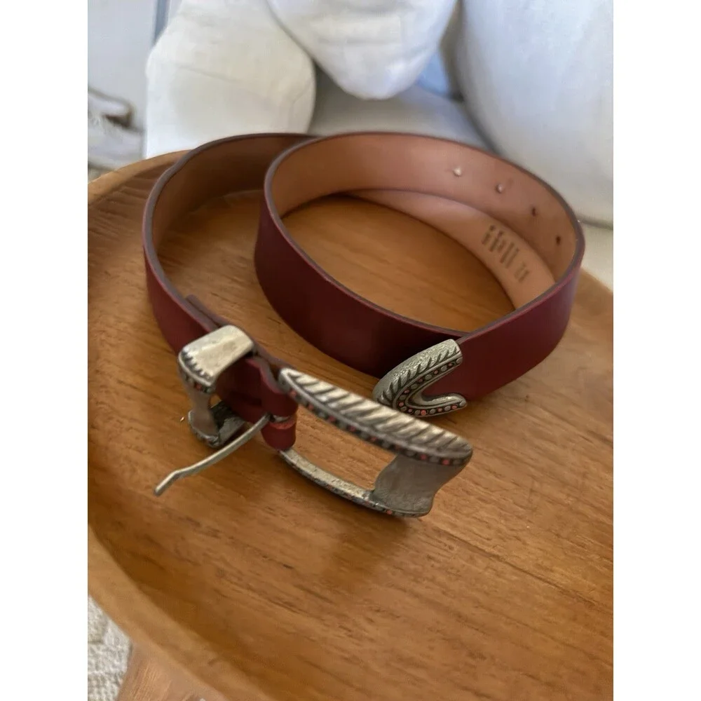 Vintage Red Western Style Italian Garuglieri Leather Boho Belt Sz Small 37.5” L